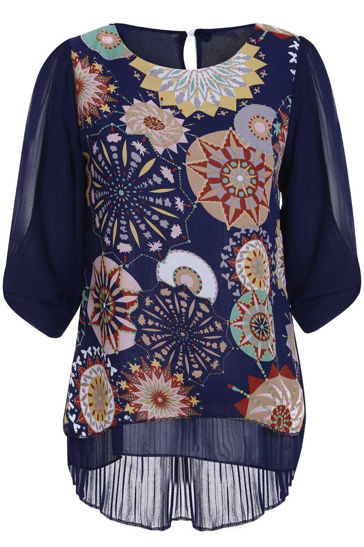 [63 OFF] Fashionable Scoop Neck Printed 1/2 Sleeve Pleated Blouse For