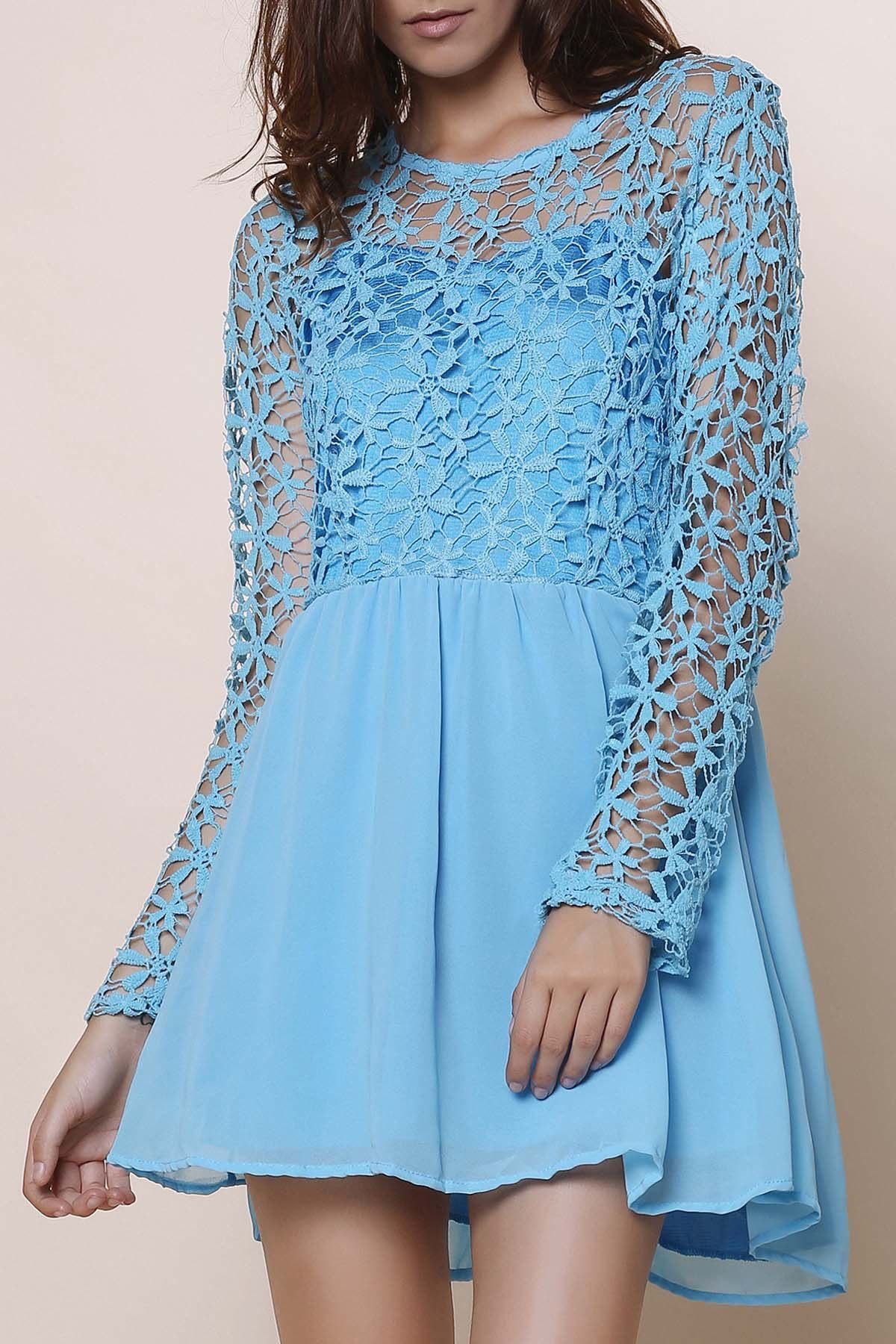 [40 OFF] Long Sleeve Lace Panel Hollow Out Crochet Mini Dress Rosegal