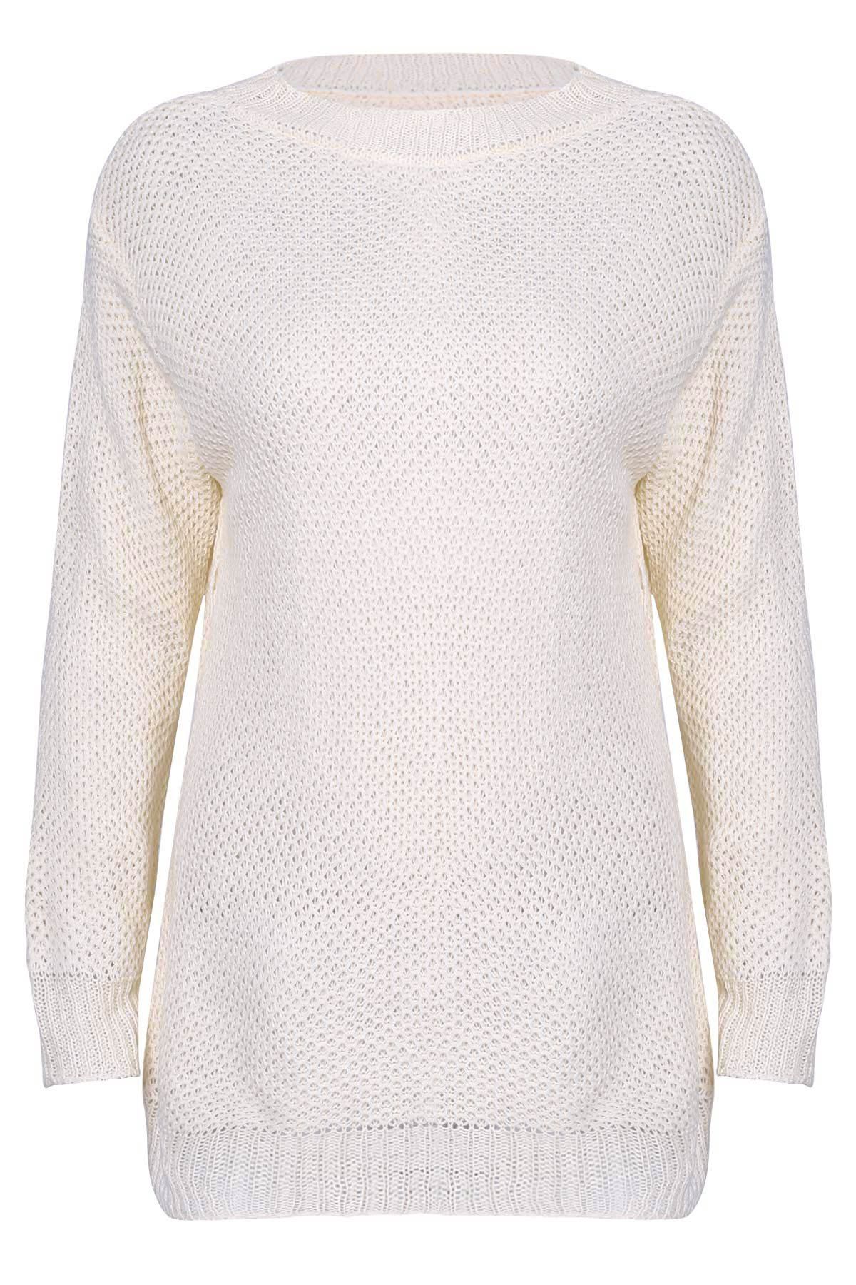 

Stylish Scoop Neck Long Sleeve Solid Colour Loose-Fitting Women's Sweater, Off-white