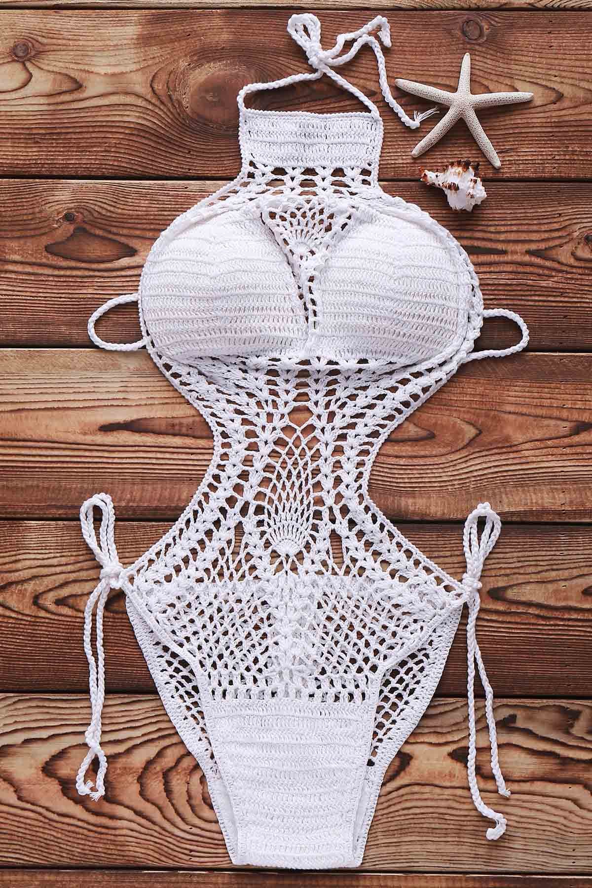 2018 Sexy Halter High Neck Crochet Monokini One Piece Swimsuit In White S