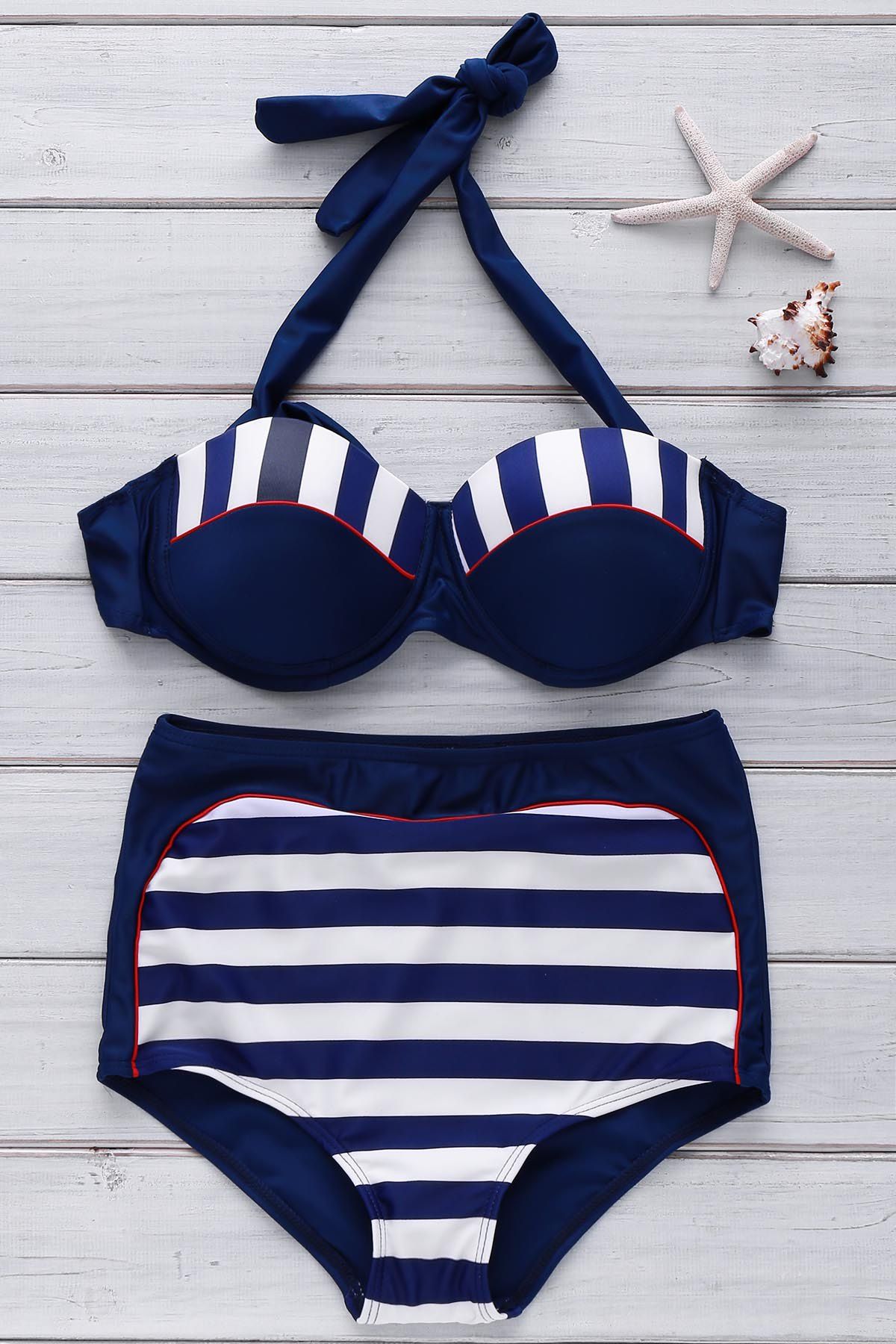 27 Off Sexy Halter Striped High Waisted Womens Bikini Set Rosegal 