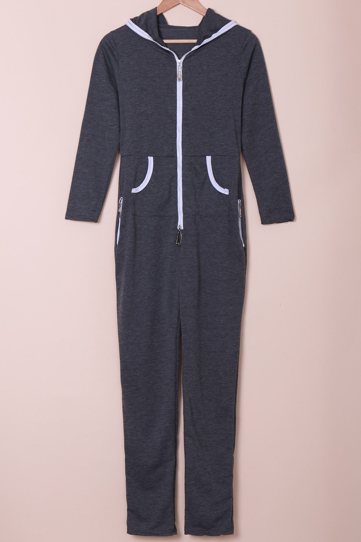 

Stylish Hooded Zippered Long Sleeve Bodycon Jumpsuit For Women, Gray