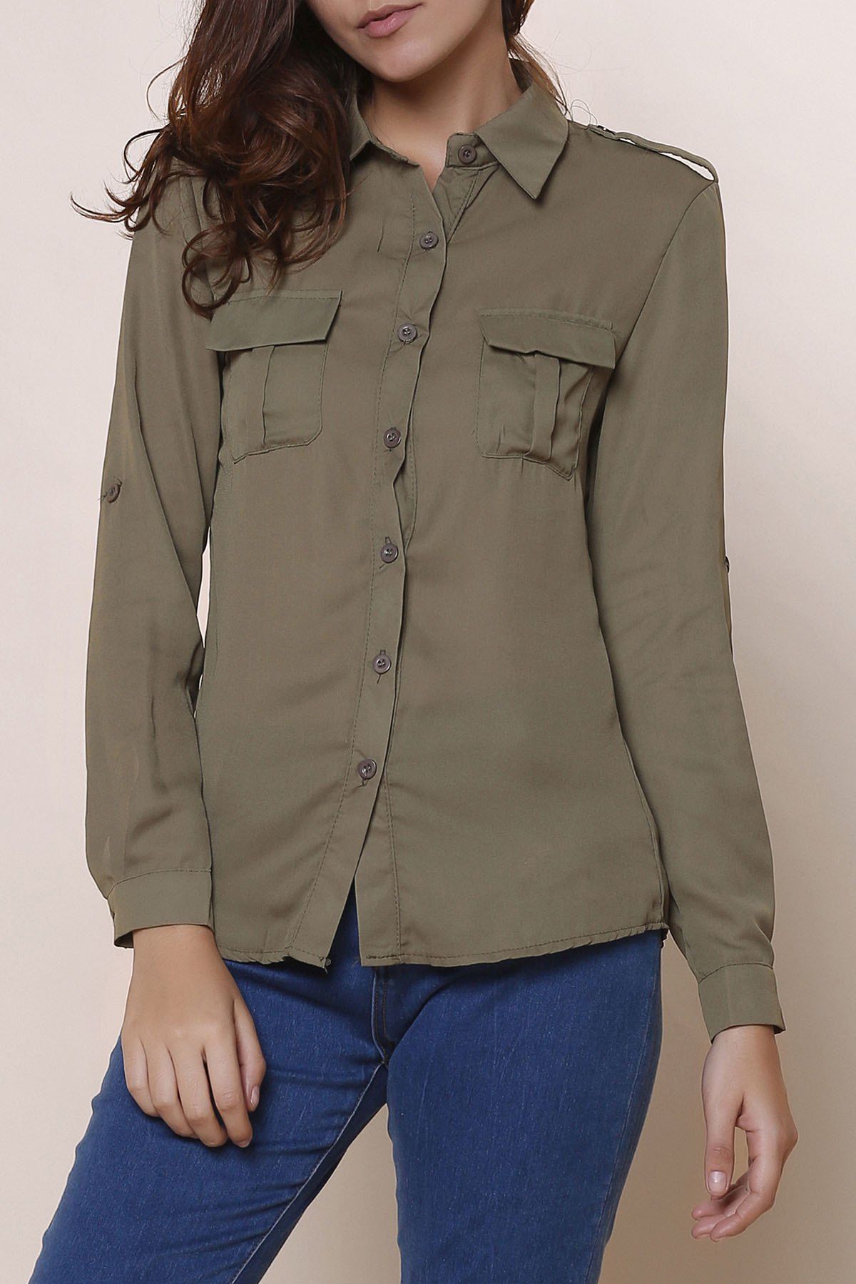 Army Green S Simple Polo Collar Solid Color Long Sleeve Blouse For ...