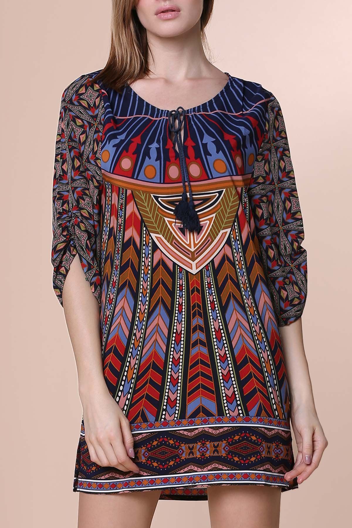 

Women's Simple 3/4 Sleeve Lace-Up Ethnic Print V-Neck Dress, Colormix