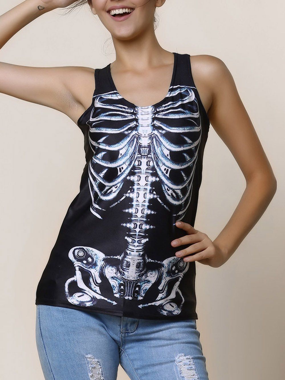 [28 OFF] Scoop Neck Slimming Print Black Tank Top For Women Rosegal