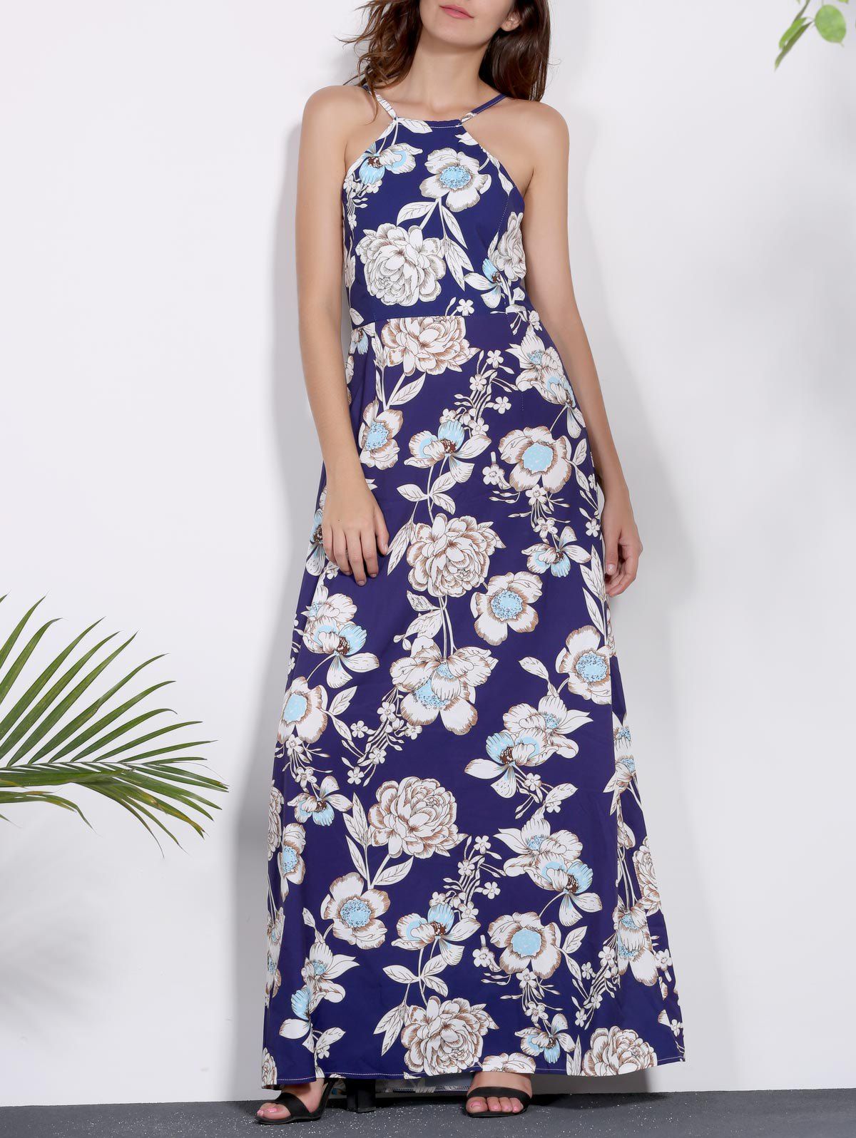 Purplish Blue 2xl Sleeveless Floral Printed Maxi Dress