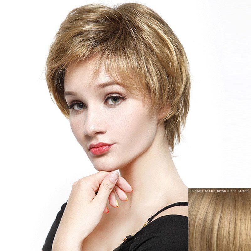 [32 Off] Fluffy Short Layered Natural Straight Fashion Side Bang Capless Human Hair Wig For