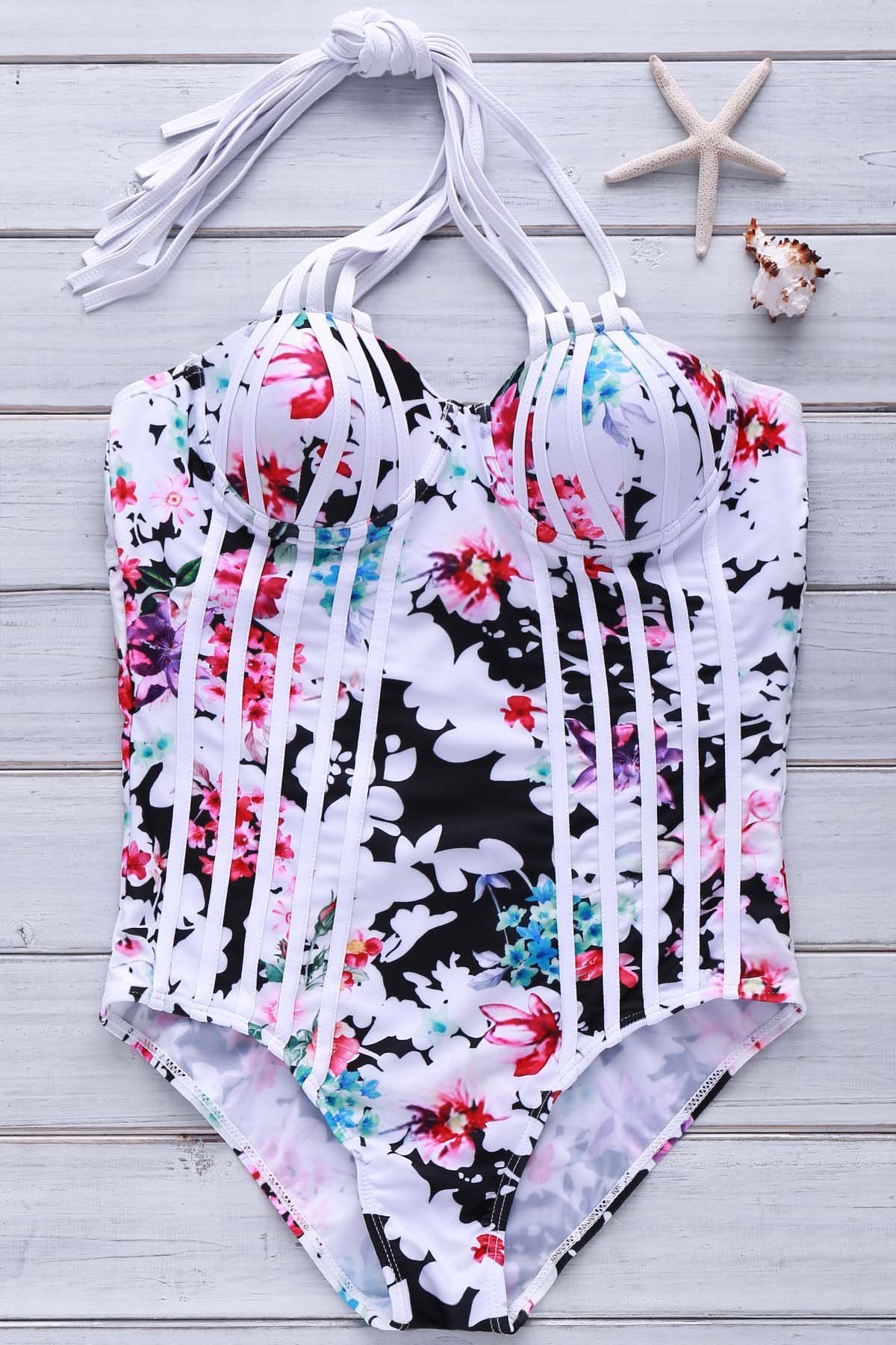 [35% OFF] Tropical Halter Floral Print One-Piece Swimwear For Women ...