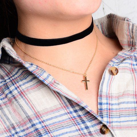 Sale Rock Small Cross Pendant Double Chokers Necklace  
