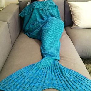 

Fashion Comfortable Falbala Decor Knitted Mermaid Design Throw Blanket, Water blue