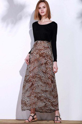 Elegante Scoop PescoÃ§o Manga Longa Chiffon Splicing Leopard Imprimir Vestido Para Mulheres