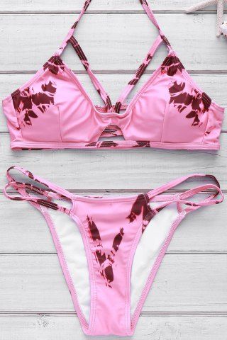 Pink L Stylish Halter Printed Cut Out Women's Bikini Set | RoseGal.com