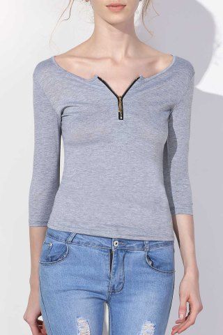 New Sexy Low-Cut Solid Color Zippered 3/4 Sleeve T-Shirt For Women  