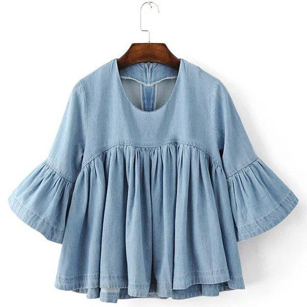 

Scoop Neck Half Sleeves Denim Ruffle Shirt, Light blue