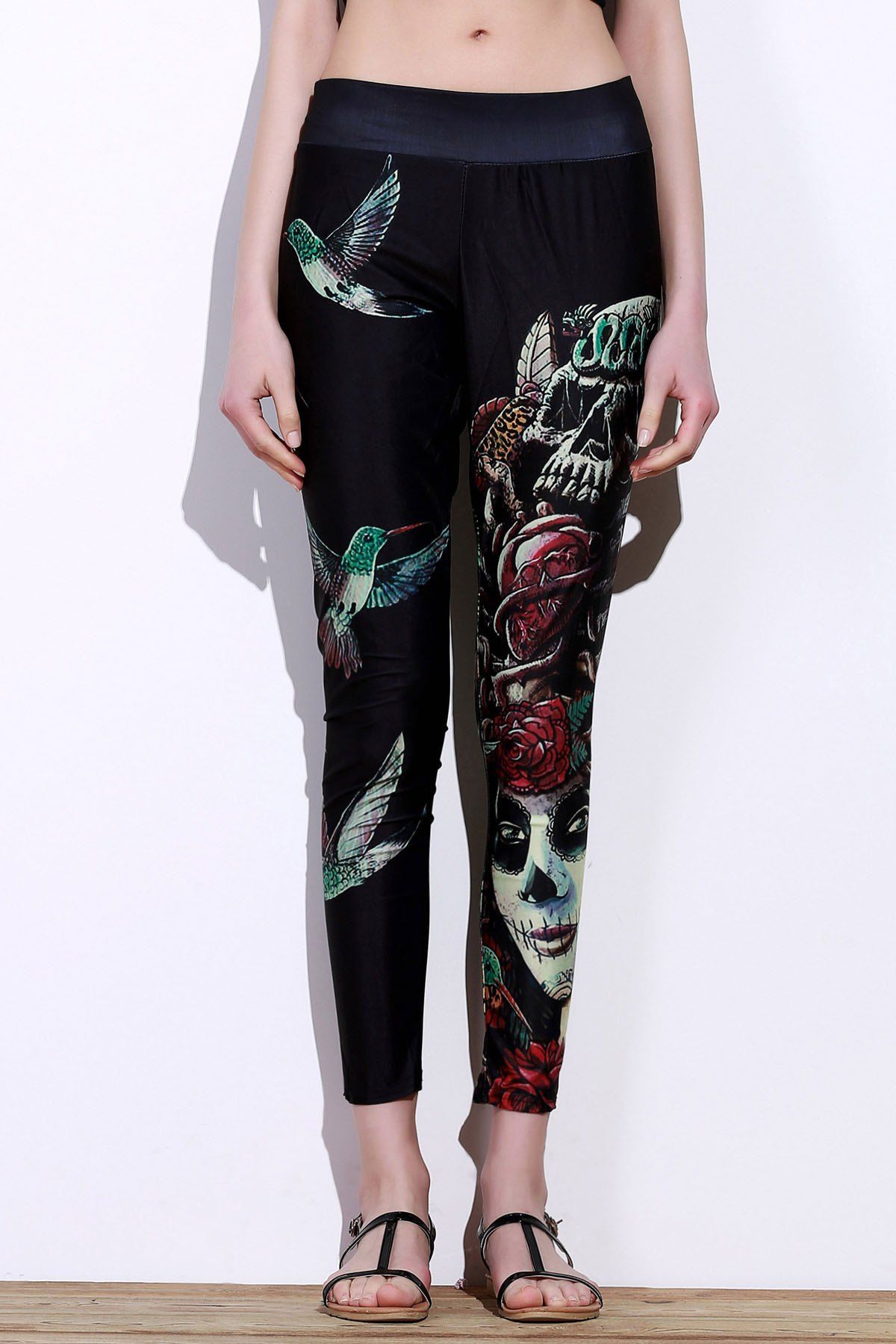 

Active Elastic Waist Bird And Skull Print Slimming Women's Pants, Black