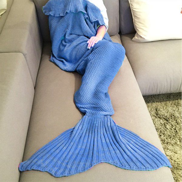 

Fashion Comfortable Falbala Decor Knitted Mermaid Design Throw Blanket, Royal blue