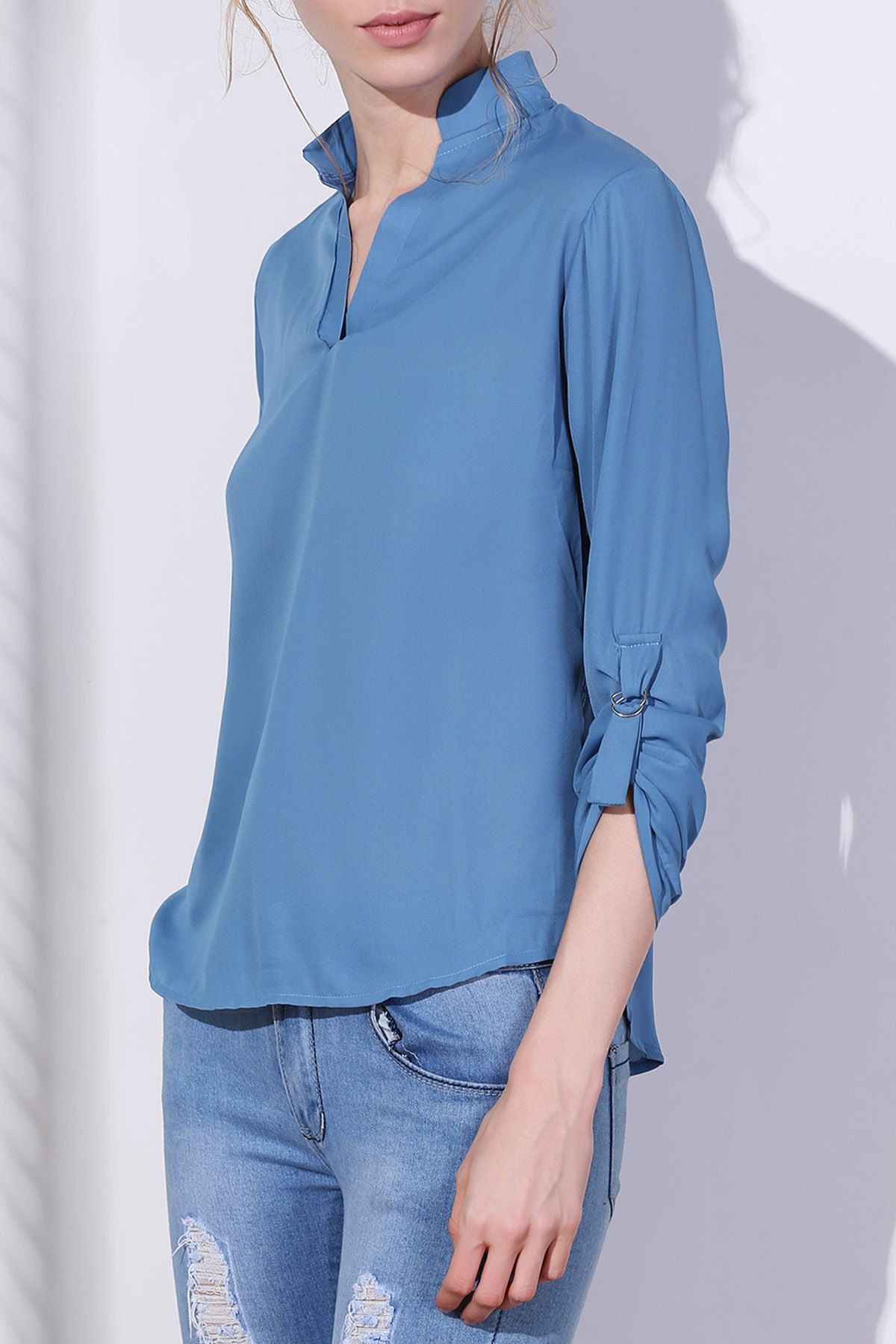 blue l brief v neck 3 4 sleeve solid color chiffon blouse for rosegal blue l brief v neck 3 4 sleeve solid color chiffon blouse for rosegal
