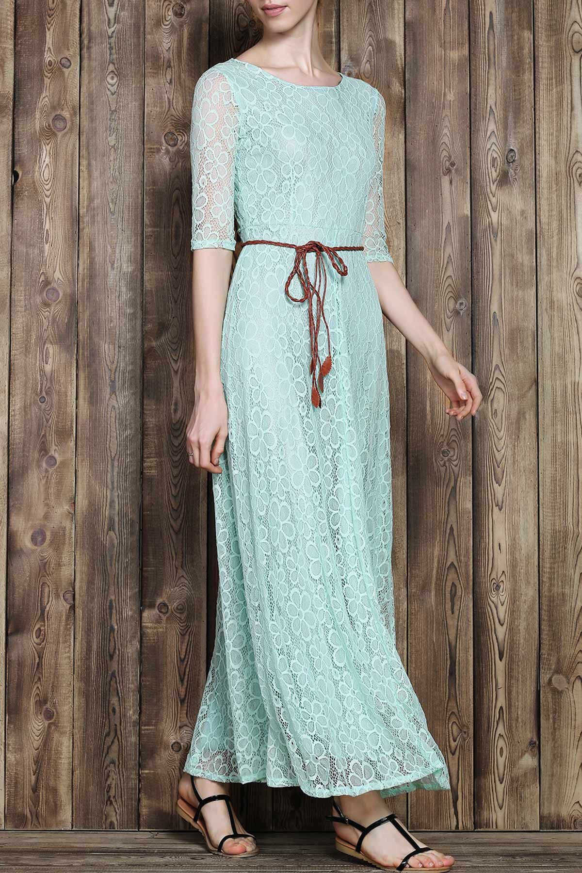 Light Blue Xl Romantic Solid Color 3/4 Sleeve Hollow Out Maxi Dress For