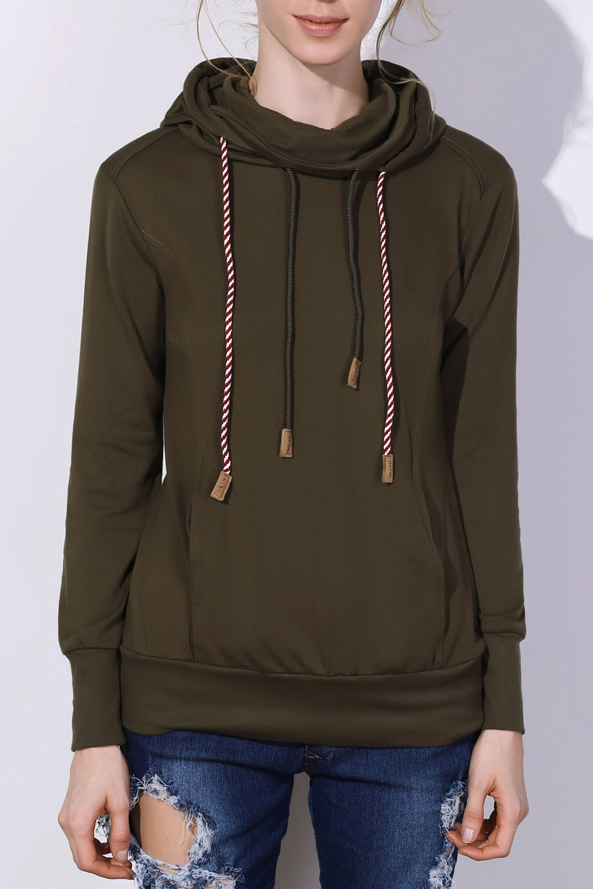 2018 Chic Hooded Long Sleeve Star Hoodie For Women In Army Green Xl