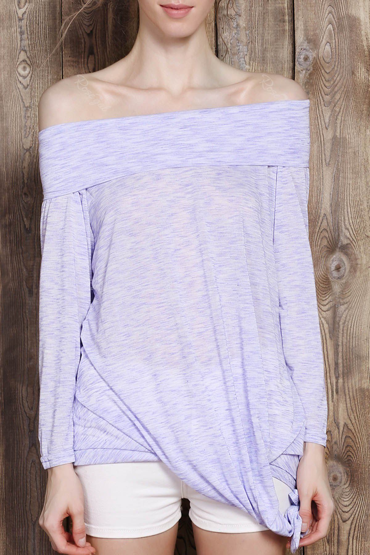 

Fashionable Off-The-Shoulder Solid Color Plus Size 3/4 Sleeve T-Shirt For Women, Light purple