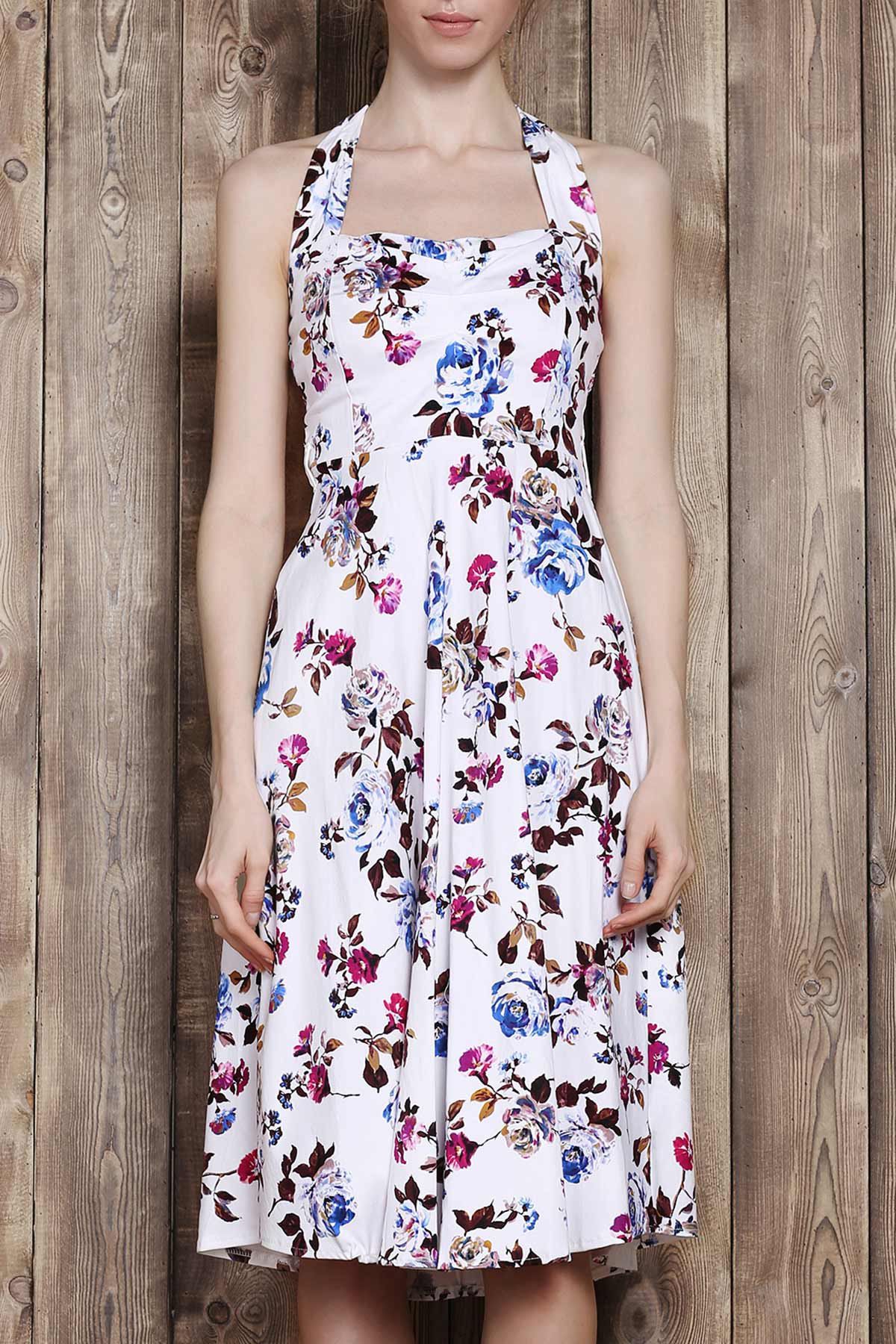White 2xl Halter Flower Print Sleeveless Tea Length Vintage Tea Dress