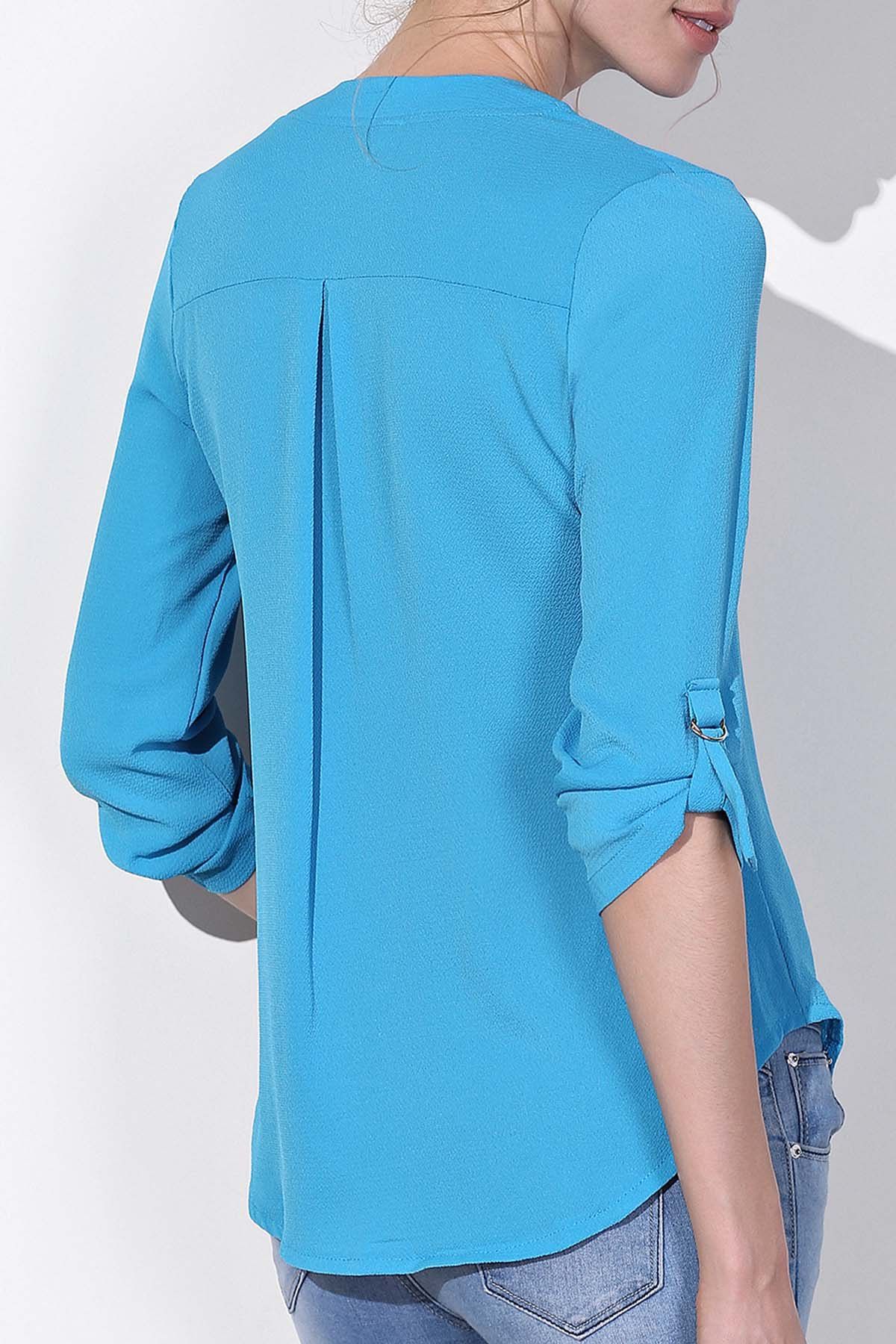 Blue L Casual V Neck Solid Color Long Sleeve Gauze Blouse For Women