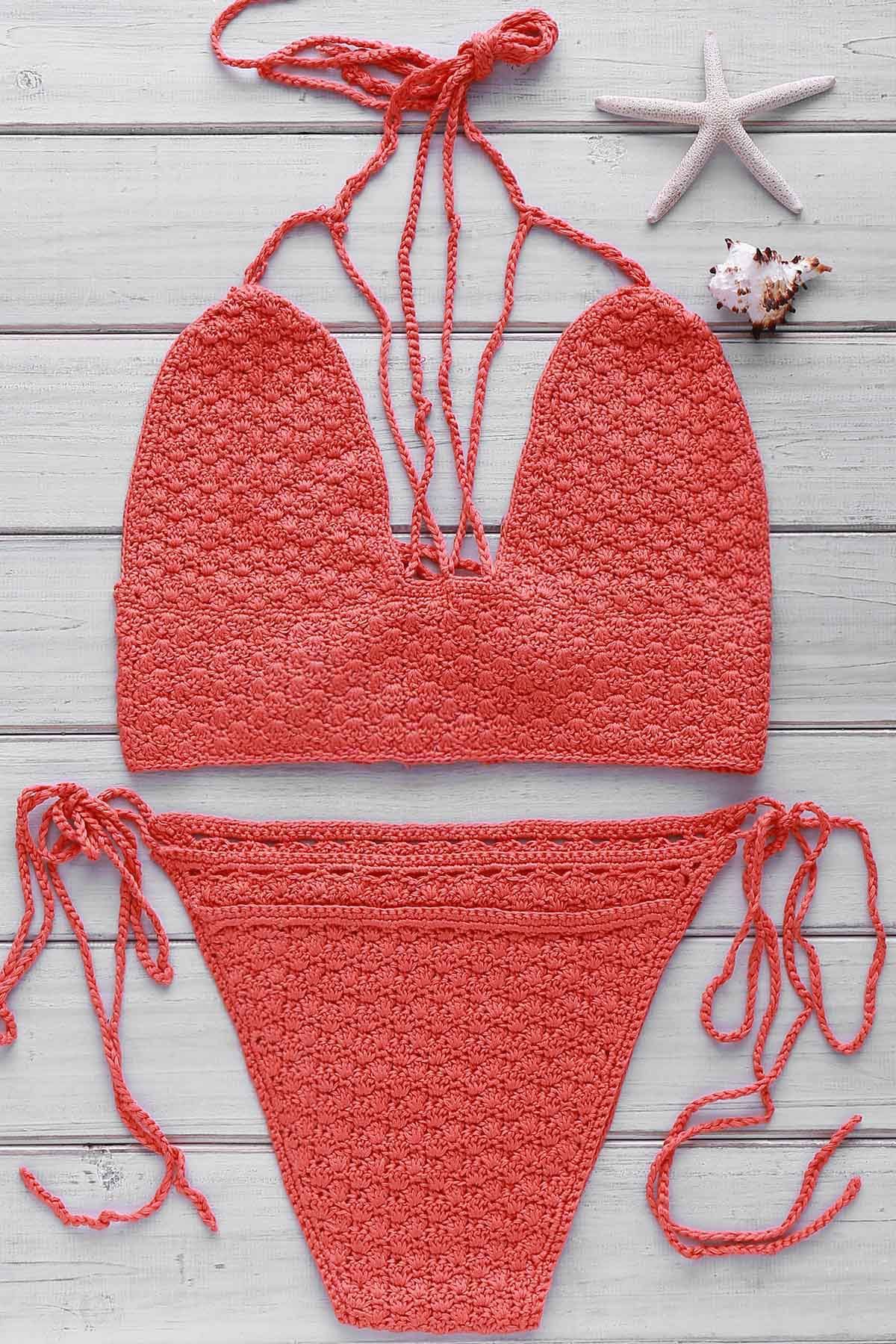 [79% OFF] Chic Halter Self-Tie Crochet Bikini Set For Women | Rosegal