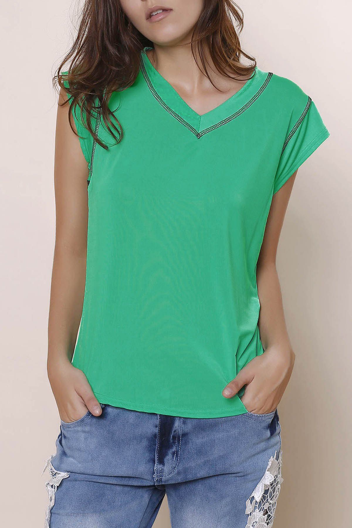 28 Off Refreshing V Neck Green Short Sleeve Blouse For Women Rosegal