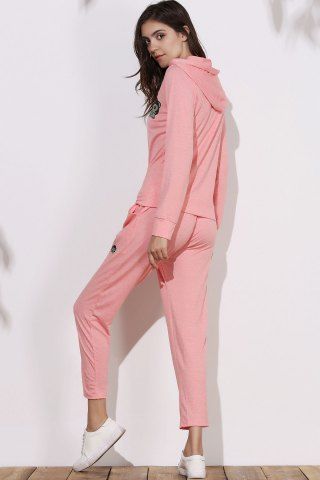 

Cute Hooded Emoji Printed Pullover Hoodie and Elastic Waist Pants Twinset For Women, Pink