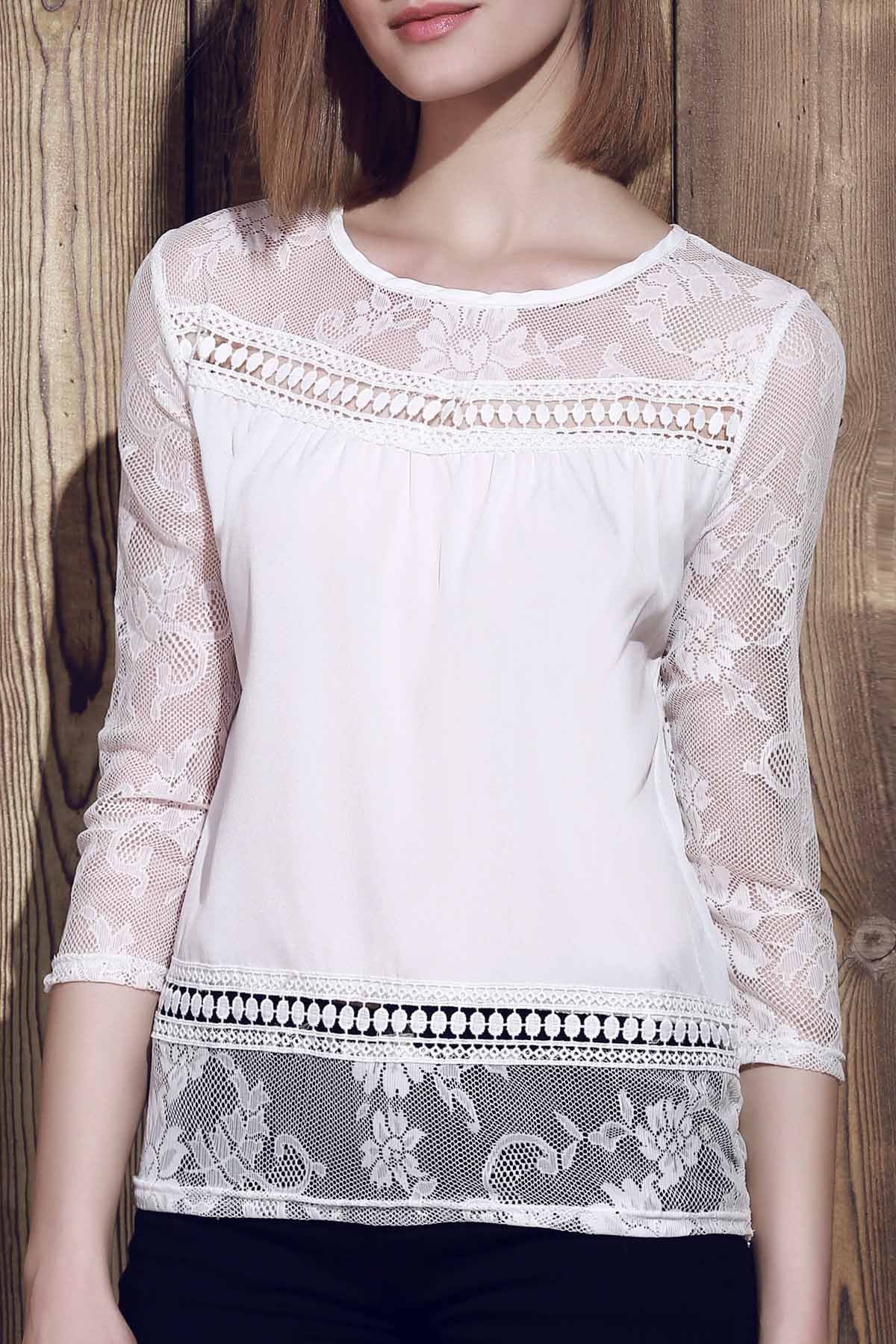 2018 Trendy Scoop Neck 3 4 Sleeve Lace Spliced See Through Blouse In