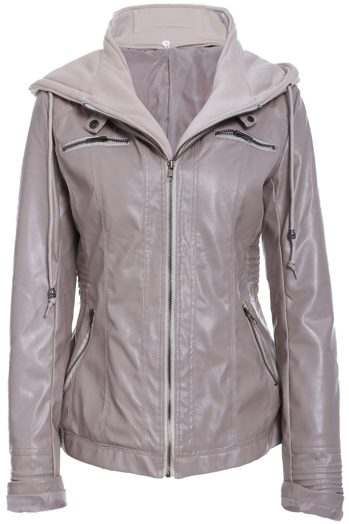 

Detachable Hooded Faux Leather Jacket, Light khaki