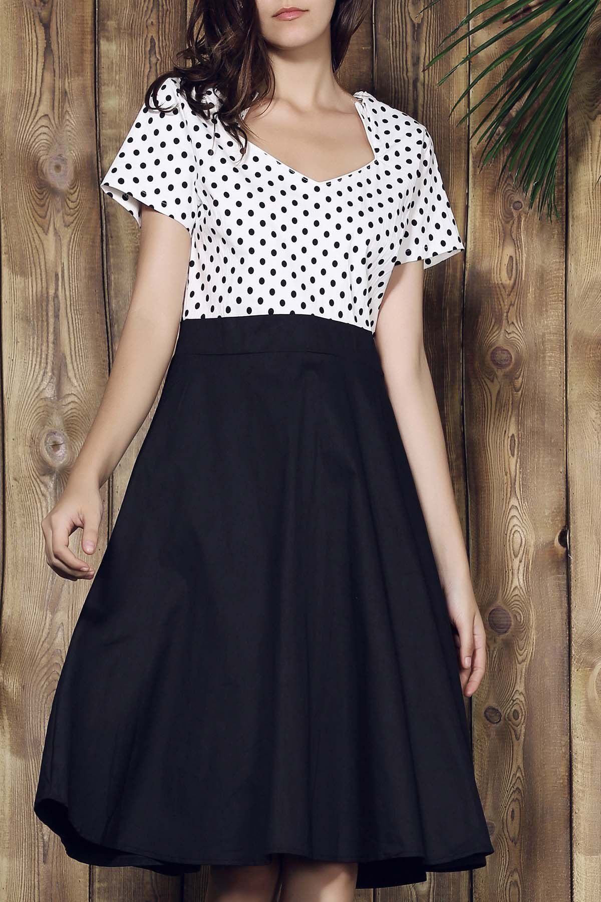 [10 OFF] Sweetheart Neck Polka Dot Tea Length Dress Rosegal