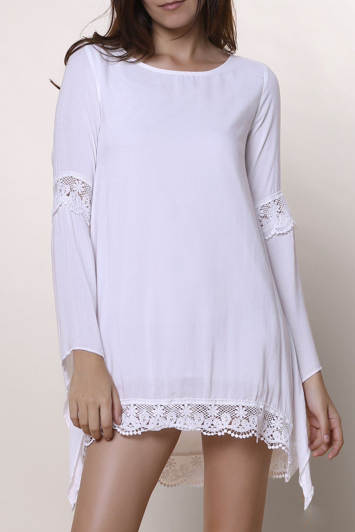 White S Long Sleeve Shift Chiffon Tunic Dress With Lace