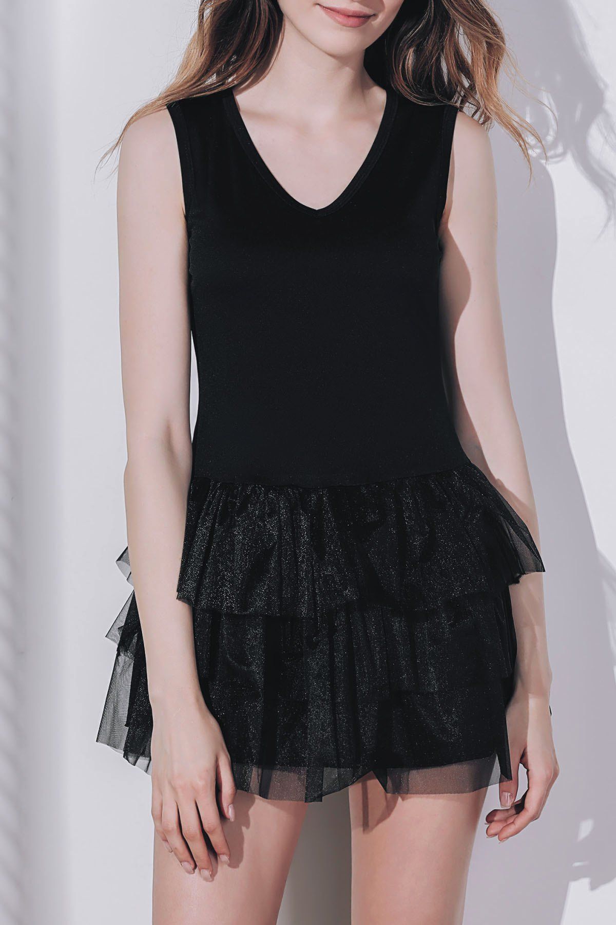 

Women's Stylish Sleeveless Black V Neck A-Line Dress