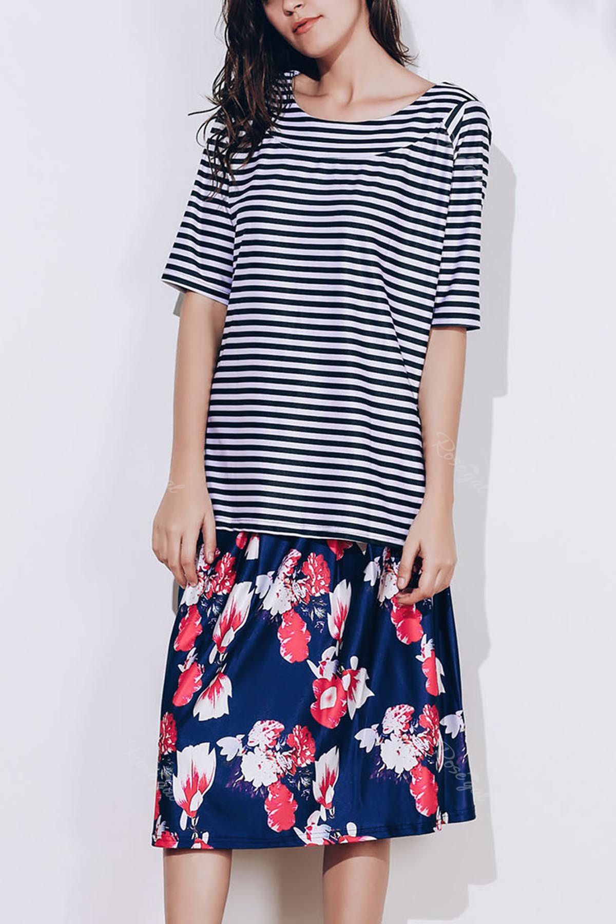 

Elegant Scoop Neck Striped T-Shirt and Floral Printed Skirt Twinset For Women, Colormix