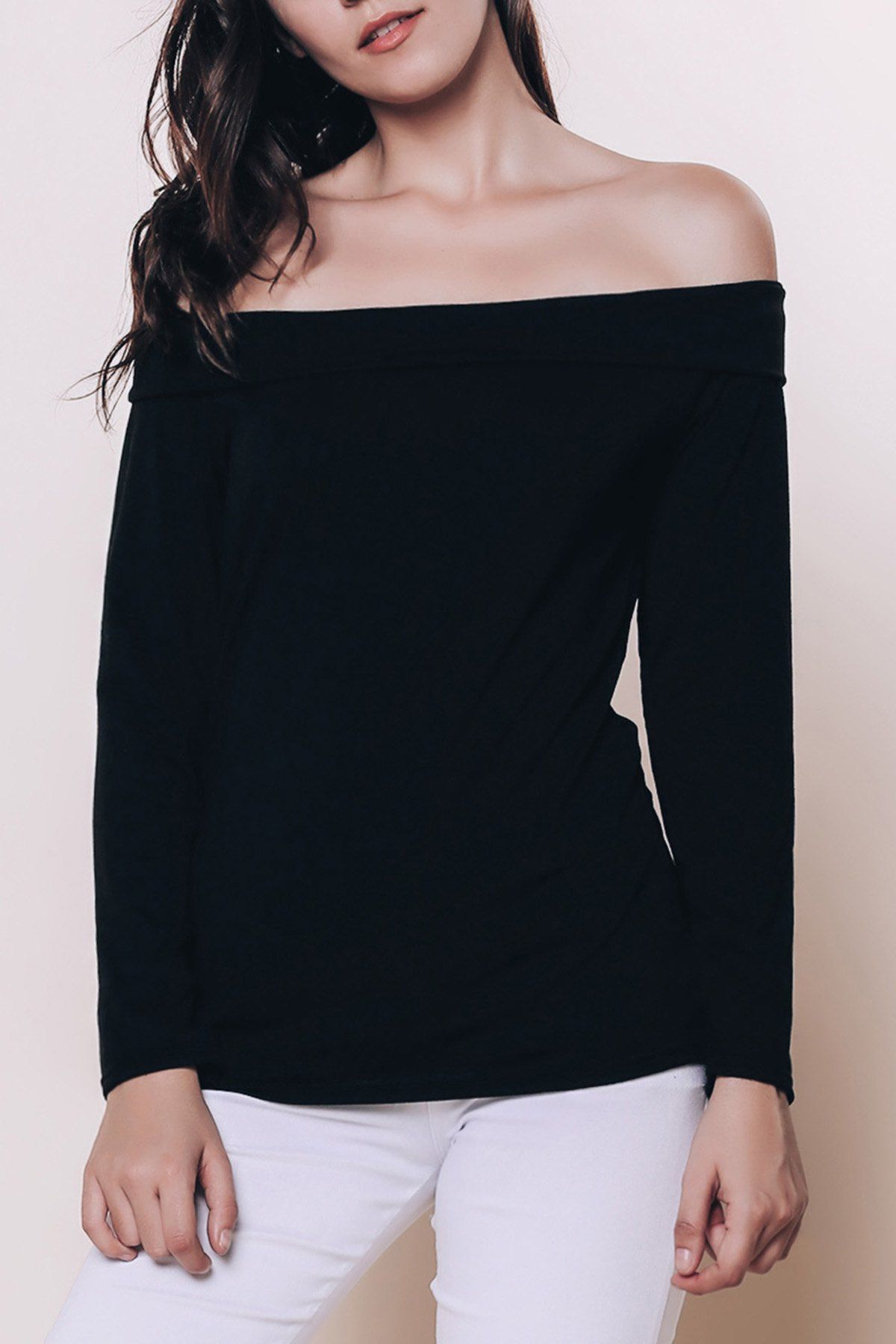 [41% OFF] Sexy Off The Shoulder Black Long Sleeve T-Shirt For Women ...