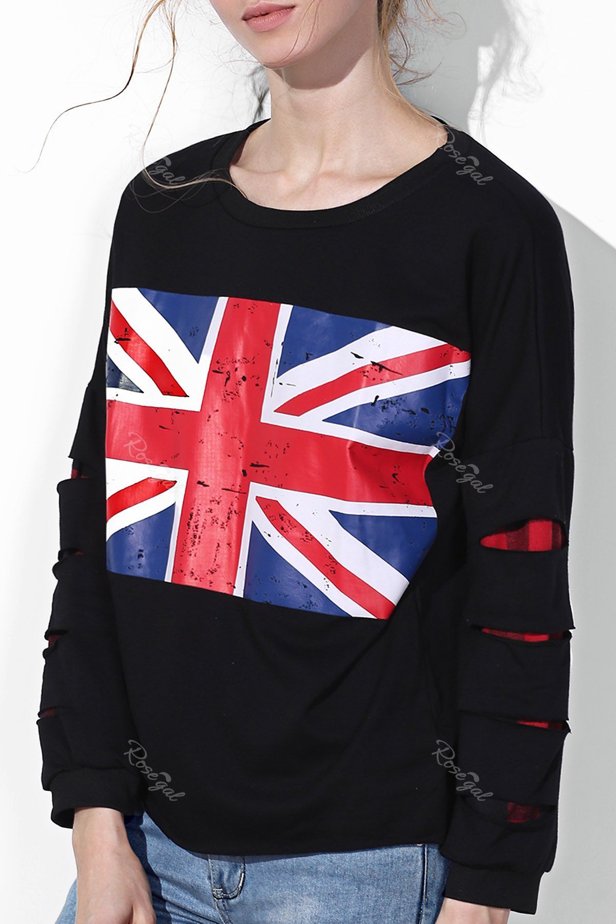 2018 Casual Union Flag Printed Broken Hole Black Pullover Sweatshirt ...