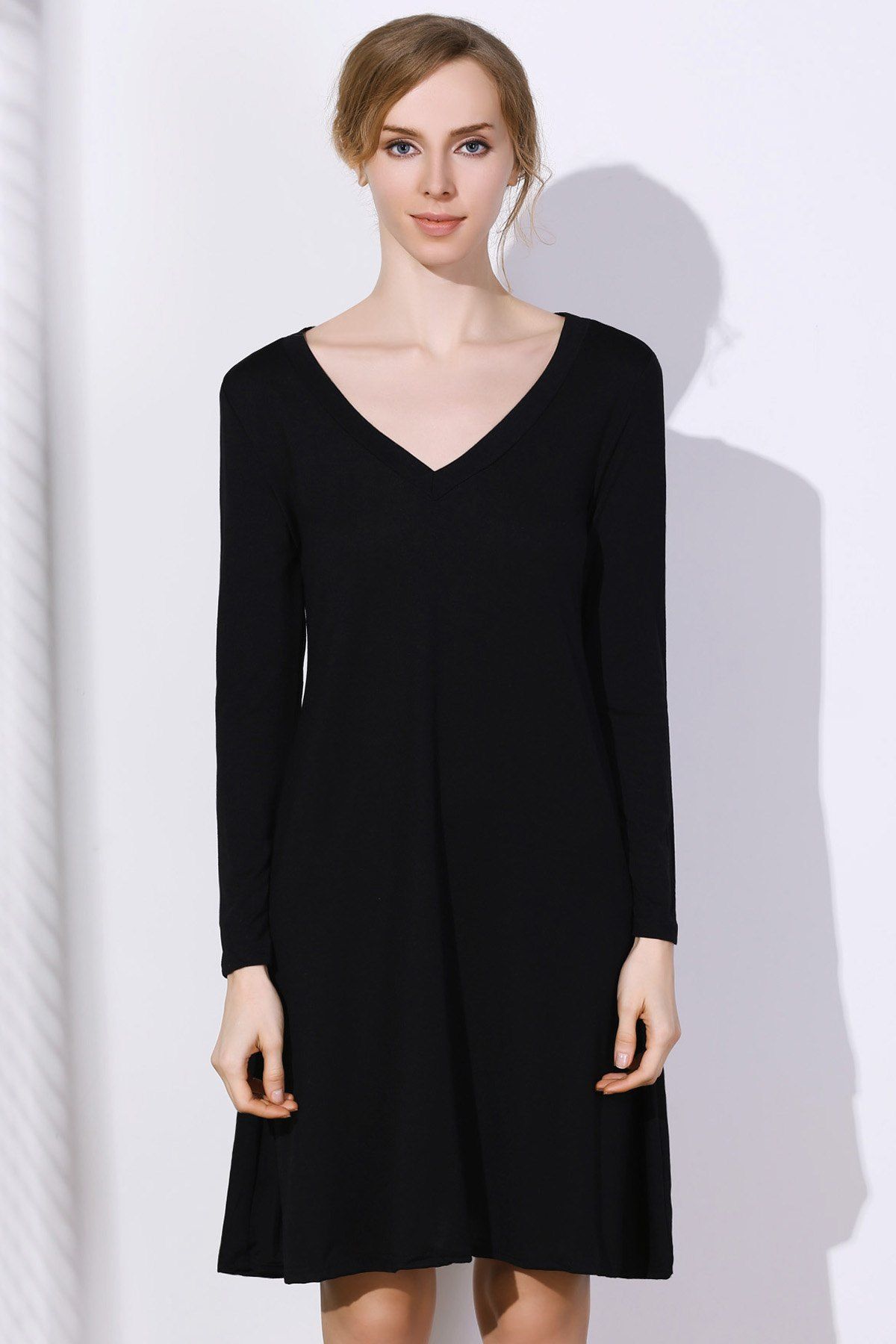 

Simple Plunging Neck Long Sleeve Pure Color Women's Dress, Black