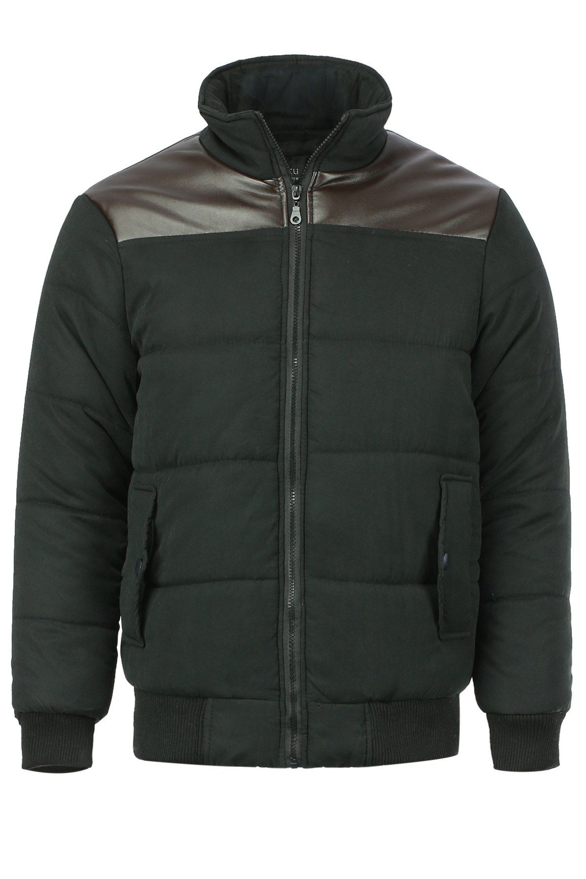 

Stand Collar Slimming PU-Leather Splicing Long Sleeve Men's Cotton-Padded Jacket, Black