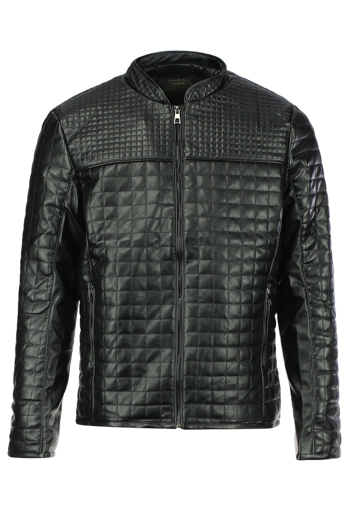 Black L Slimming Checked Stand Collar Long Sleeve Pu Leather Men S Affordable Slimming Checked Stand Collar Long Sleeve Pu Leather Men S Jacket