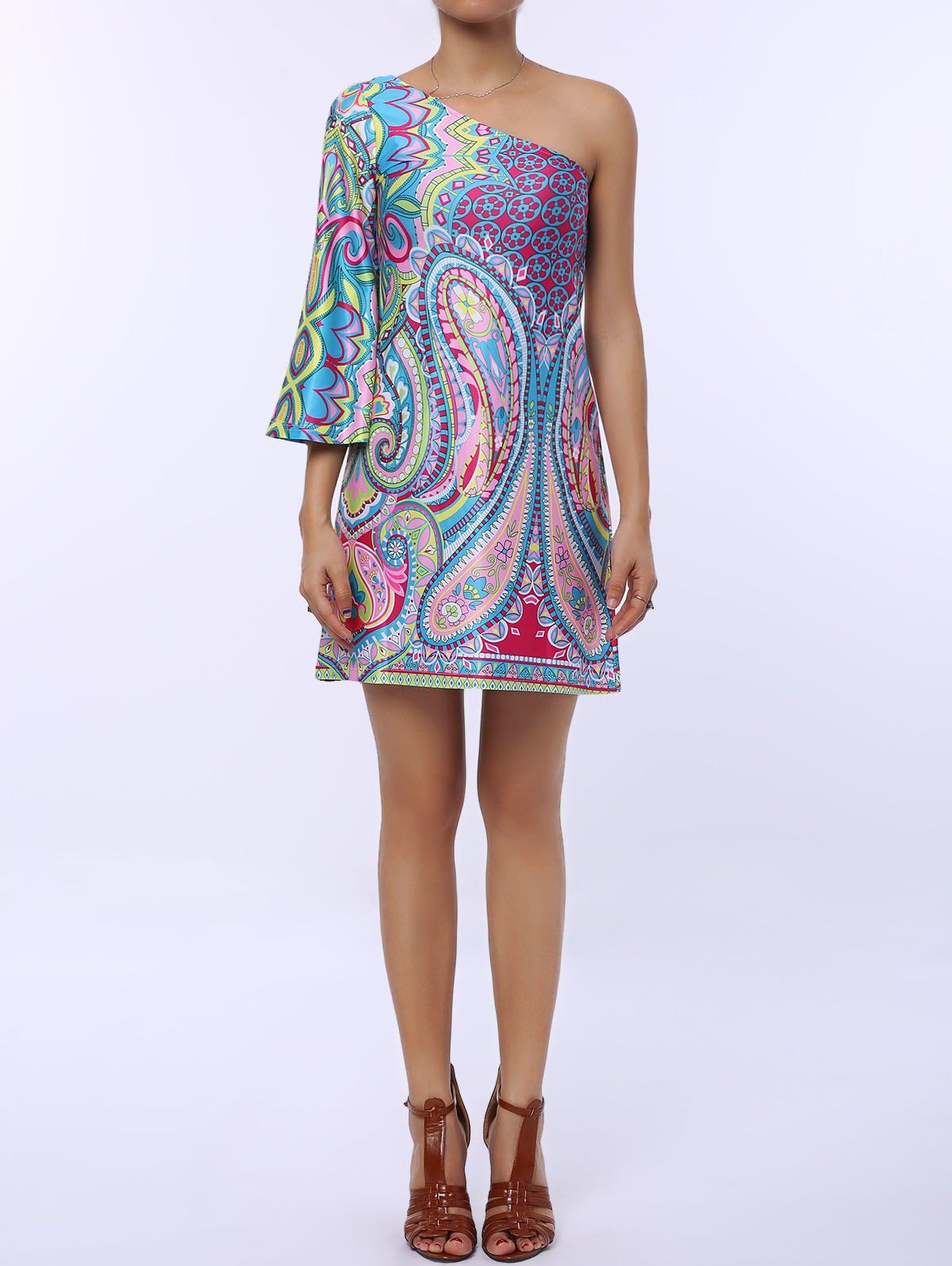 

One Shoulder Printed Short Shift Dress, Green