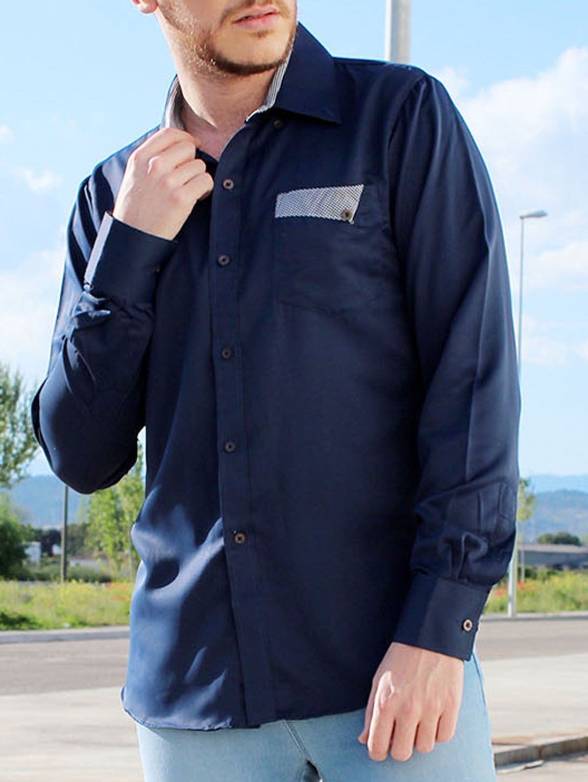 

Slimming Turn-Down Collar Splicing Design Long Sleeve Shirt For Men, Cadetblue