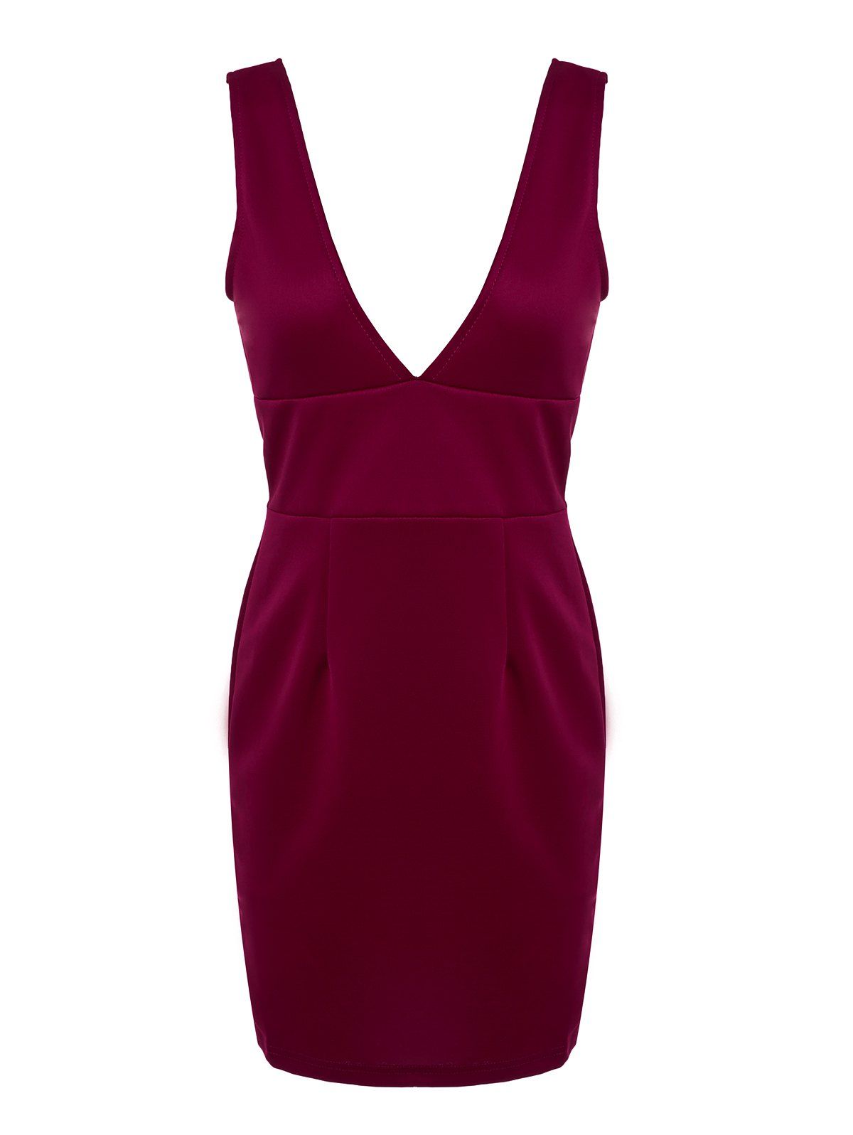 Wine Red M Chic Plunging Neck Sleeveless Solid Color Lowcut Dress For