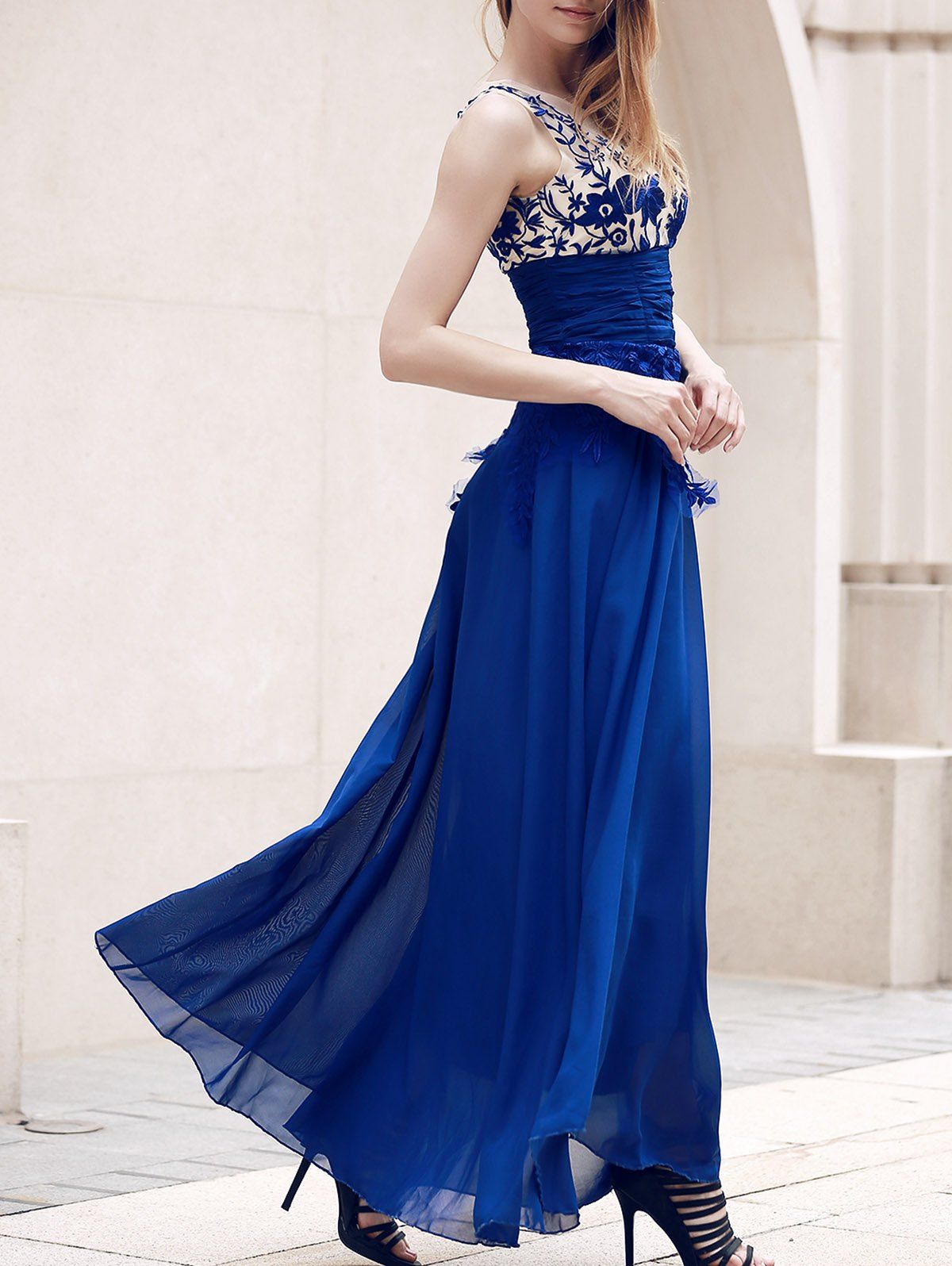

Stunning Sleeveless See-Through Maxi Formal Dress, Blue