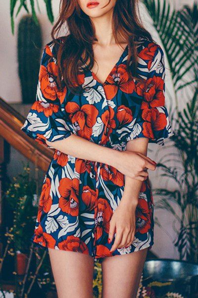 47 Off Elegant V Neck Floral Print Half Sleeves Romper For Women Rosegal 5169