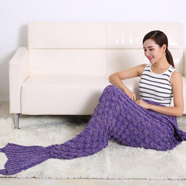 

Fish Scale Design Knitting Sleeping Bag Mermaid Blanket, Purple