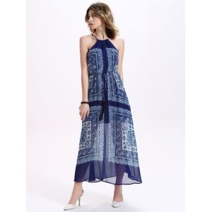 Chiffon Halter Printed Sleeveless Maxi Dresses