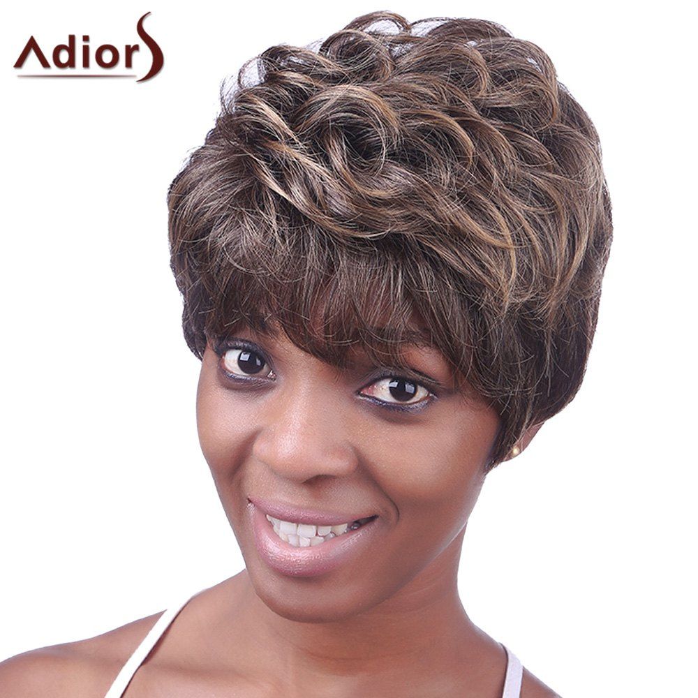 

Ultrashort Curly Hairstyle Full Bang Heat Resistant Deep Brown Towheaded Women's Capless Wig, Colormix