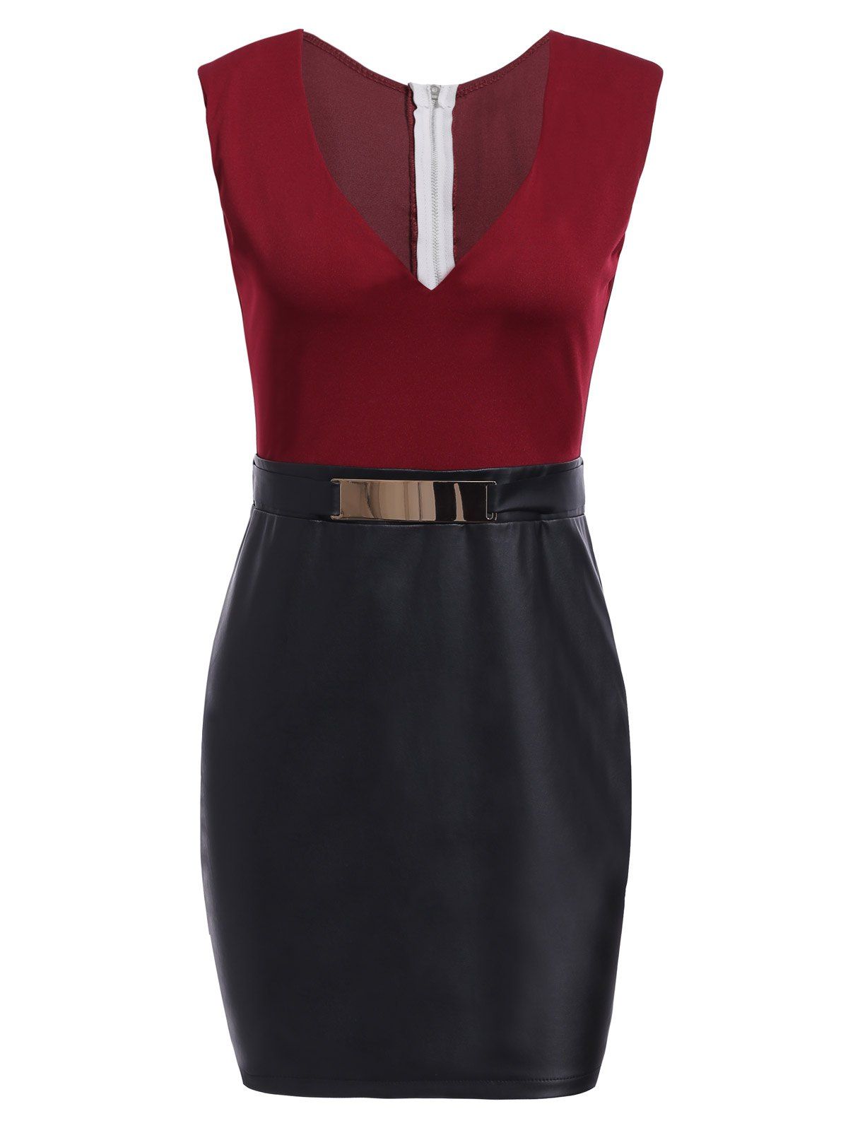 

V-Neck Color Block Bodycon Sleeveless Work Dress, Wine red