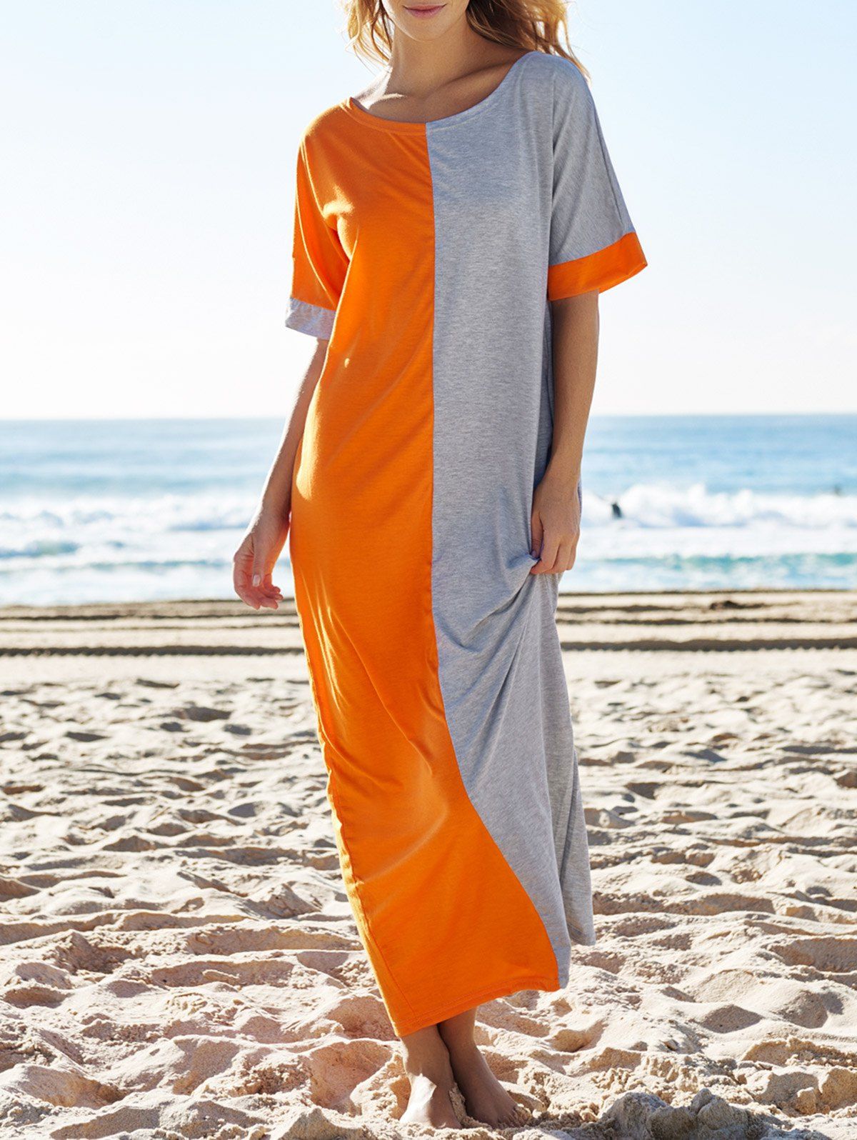 

Half Sleeve Color Block Loose Jersey Maxi Dress, Colormix
